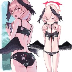 Rule 34 | 1girl, arms behind back, ass, bikini, black bikini, black wings, blue archive, blush, book, breasts, closed mouth, commentary request, feet out of frame, floral print, from behind, front-tie bikini top, front-tie top, halo, head wings, highres, holding, holding book, koharu (blue archive), koharu (swimsuit) (blue archive), looking ahead, looking at viewer, looking back, low wings, multiple views, official alternate costume, open mouth, pink eyes, pink hair, print bikini, red halo, small breasts, swimsuit, twintails, wings, zelo6