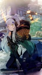 Rule 34 | 1girl, agent 416 (girls&#039; frontline), assault rifle, commentary request, drone, dust cloud, facial mark, full body, girls&#039; frontline, gloves, green eyes, green jacket, grey hair, gun, headset, highres, hk416 (girls&#039; frontline), holding, holding gun, holding weapon, jacket, long hair, looking at viewer, mineta naoki, outdoors, ponytail, rifle, scope, solo, teardrop, tom clancy&#039;s the division, twitter username, weapon