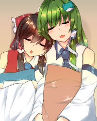 Rule 34 | 2girls, absurdres, bare shoulders, blue neckwear, bow, brown hair, closed eyes, collared shirt, commentary request, detached sleeves, frilled bow, frills, frog hair ornament, green hair, hair between eyes, hair bow, hair ornament, hair tubes, hakurei reimu, head on another&#039;s shoulder, highres, kochiya sanae, light blush, long hair, mokutan (link machine), multiple girls, necktie, hugging object, open mouth, pillow, pillow hug, red bow, red shirt, shirt, simple background, sitting, sleepy, sleeveless, sleeveless shirt, snake hair ornament, touhou, two-tone shirt, upper body, white shirt