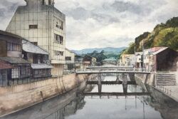 Rule 34 | bridge, building, cloud, cloudy sky, day, highres, mouen tw, no humans, original, painting (medium), reflection, reflective water, river, riverbank, scenery, sky, town, traditional media, tree, watercolor (medium), window