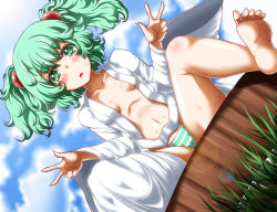 Rule 34 | 1girl, bare legs, barefoot, blue hair, blush, breasts, bucket, cloud, collarbone, dress, female focus, gesture, grass, green eyes, green hair, green panties, hair bobbles, hair ornament, in bucket, in container, japanese clothes, kimono, kisume, lens flare, long sleeves, looking at viewer, matching hair/eyes, midriff, navel, open clothes, open kimono, open mouth, panties, sitting, solo, spread legs, striped clothes, striped panties, sweat, touhou, twintails, underwear, white dress, wide sleeves, yukata, zan (harukahime)