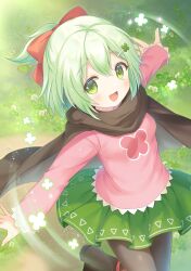 Rule 34 | 1girl, absurdres, black pantyhose, black scarf, blush, bow, clover hair ornament, commission, four-leaf clover hair ornament, grass, green eyes, green hair, green skirt, hair bow, hair ornament, half updo, highres, kemamire, long sleeves, open mouth, original, pantyhose, pink shirt, red bow, scarf, shirt, skeb commission, skirt, smile, solo, standing, standing on one leg