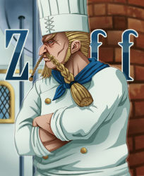 Rule 34 | 1boy, apron, baratie, beard, blonde hair, braid, braided beard, braided mustache, brick, character name, chef, chef hat, corey miller, crossed arms, east blue, facial hair, frown, goatee, hat, indoors, long mustache, looking at viewer, male focus, mustache, one piece, red-leg zeff, restaurant, solo, very long mustache, window