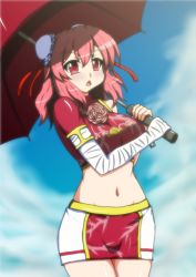 Rule 34 | 1girl, adapted costume, alternate costume, bandages, blue sky, blush, bun cover, cloud, cloudy sky, cowboy shot, day, double bun, groin, holding, holding umbrella, ibaraki kasen, looking at viewer, midriff, miniskirt, navel, p.a.w, pink hair, race queen, red eyes, short hair, skirt, sky, solo, touhou, umbrella