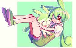 Rule 34 | &gt; &lt;, 1girl, animal ears, blush stickers, commentary, creature, green footwear, green hair, green overalls, highres, hug, legs up, long hair, looking at viewer, one eye closed, overall shorts, overalls, puffy short sleeves, puffy sleeves, shirt, short sleeves, solo, stylishtrash, very long hair, voiceroid, voicevox, white shirt, yellow eyes, zundamon