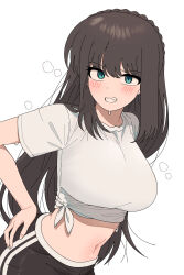 Rule 34 | 1girl, black pants, blush, braid, breasts, brown hair, commentary request, crown braid, grin, hand on own hip, highres, korean commentary, large breasts, long hair, looking at viewer, looking to the side, midriff, nakta, navel, original, pants, shirt, simple background, smile, solo, steam, sweatdrop, tied shirt, very long hair, white background, white shirt