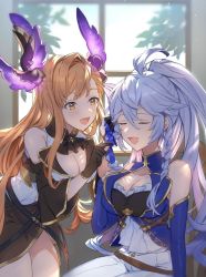 Rule 34 | 2girls, ahoge, alternate costume, bare shoulders, black gloves, blue hair, bow, braid, breasts, brown hair, cleavage, cleavage cutout, closed eyes, clothing cutout, detached sleeves, dressing another, gloves, granblue fantasy, hair bow, hair ornament, highres, indoors, leaning forward, long hair, looking at another, medium breasts, multiple girls, open mouth, pants, ponytail, shiromimin, shirt, sidelocks, silva (granblue fantasy), sitting, sleeveless, sleeveless shirt, smile, standing, tweyen (granblue fantasy), white pants, window, yellow eyes