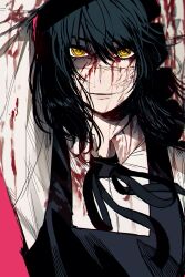 Rule 34 | 1girl, absurdres, black dress, black ribbon, blood, blood on face, chainsaw man, dress, hand up, highres, looking at viewer, neck ribbon, parted lips, pinafore dress, ratatatat74, red background, ribbon, ringed eyes, scar, scar on face, shirt, simple background, sleeveless, sleeveless dress, solo, white shirt, wide-eyed, yoru (chainsaw man)
