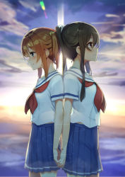 Rule 34 | 1girl, 2girls, back-to-back, blue eyes, blue skirt, blurry, blurry background, brown eyes, brown hair, cloud, commentary request, cowboy shot, depth of field, diffraction spikes, from side, gradient sky, hair between eyes, high school fleet, highres, holding hands, interlocked fingers, looking down, looking up, minutachi, misaki akeno, multiple girls, munetani mashiro, neckerchief, outdoors, pleated skirt, ponytail, profile, red hair, red neckerchief, sailor collar, school uniform, serafuku, short sleeves, sidelocks, skirt, sky, smile, standing, twilight, twintails, water, white sailor collar