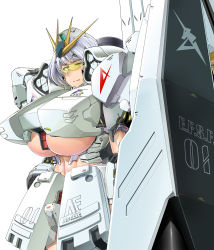 Rule 34 | 1girl, abs, absurdres, armor, between breasts, blush, breasts, char&#039;s counterattack, clenched teeth, cowboy shot, embarrassed, english text, fin funnels, furrowed brow, gundam, headgear, headpiece, highres, huge breasts, looking away, mecha musume, nu gundam, personification, saizu nitou gunsou, sanpaku, shield, short hair, silver hair, simple background, solo, standing, teeth, underboob, visor, white background, yellow eyes