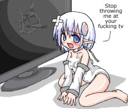 Rule 34 | 1girl, 4chan, barefoot, blue eyes, blush, detached sleeves, duplicate, elf, english text, feet, game console, legs, lowres, meme, monitor, oekaki, personification, pointy ears, profanity, solo, tears, television, truth, white hair, wii, wii-tan