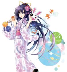 Rule 34 | 10s, 1girl, apple, candy apple, date a live, fish, floral print, flower, food, fruit, goldfish, hair flower, hair ornament, highres, japanese clothes, kimono, long sleeves, looking at viewer, looking back, mask, obi, ponytail, purple eyes, purple hair, sash, simple background, smile, solo, tsunako, white background, yatogami tooka