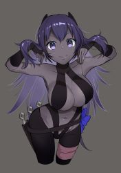 Rule 34 | 1girl, absurdres, alternate breast size, alternate hair length, alternate hairstyle, bad id, bad pixiv id, bare shoulders, black bodysuit, black gloves, blue bow, blush, bodysuit, bow, breasts, cleavage, closed mouth, collarbone, colored skin, commentary request, contrapposto, cropped legs, dark-skinned female, dark skin, elbow gloves, fate/prototype, fate/prototype: fragments of blue and silver, fate (series), fingerless gloves, gloves, grey background, grey skin, hair between eyes, hassan of serenity (fate), highres, large breasts, leotard, long hair, navel, omucchan (omutyuan), purple eyes, purple hair, simple background, smile, solo, standing, very long hair
