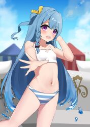 Rule 34 | 1girl, absurdres, amusement park, belly, blue hair, blurry, blurry background, blush, blush stickers, bow, bra, breasts, cloud, commission, flat chest, hair bow, hair ribbon, highres, knee up, knees up, light rays, long hair, looking at viewer, monster girl, navel, nose, open mouth, panties, purple eyes, ribbon, sky, slime girl, small breasts, striped clothes, striped panties, sunbeam, sunlight, thighs, underwear, underwear only, v&amp;u entertainment, virtual youtuber, white bra, zeli zuimu