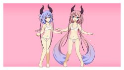 Rule 34 | 2others, absurdres, blue eyes, blue hair, bra, breasts, commission, eyebrows, feet, highres, horns, knees, meika hime, meika mikoto, multicolored hair, multiple others, navel, onlysupport, open mouth, panties, pink eyes, pink hair, short hair, simple background, small breasts, stomach, thighs, toes, underwear, vocaloid, white bra, white panties