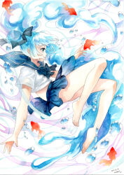 Rule 34 | 1girl, barefoot, black bow, black skirt, blue eyes, blue hair, bottle miku, bow, closed mouth, dated, eyelashes, fish, from side, goldfish, hatsune miku, highres, long hair, midriff, mosho, sailor collar, signature, skirt, socks, solo, thighs, traditional media, very long hair, vocaloid, water drop, white socks