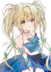Rule 34 | 1girl, 2023, absurdres, blonde hair, blue butterfly, blue dress, bug, butterfly, butterfly hair ornament, cross, cross necklace, dated, dress, hair ornament, highres, hoshina utau, insect, jewelry, looking at viewer, mint (mintlemonade3), necklace, open mouth, purple eyes, shugo chara!, signature, solo, twintails, white background