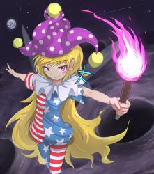 Rule 34 | 1girl, absurdres, american flag dress, american flag legwear, blonde hair, blush stickers, clownpiece, dress, earth (planet), fairy wings, fire, from above, gurina 15, hat, highres, holding, holding torch, jester cap, long hair, looking at viewer, moon, neck ruff, pantyhose, pink eyes, planet, polka dot, shooting star, short dress, short sleeves, solo, star (symbol), striped clothes, striped pantyhose, swept bangs, torch, touhou, very long hair, wings