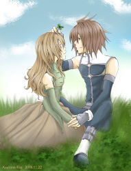 Rule 34 | 00s, anna irving, blush, brown hair, clover, couple, fingerless gloves, gloves, holding hands, kratos aurion, long hair, red hair, short hair, tales of (series), tales of symphonia