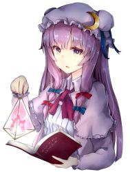Rule 34 | 1girl, blue bow, blue ribbon, book, bow, bun cover, crescent, crescent hair ornament, double bun, fire, hair bun, hair ornament, hair ribbon, hat, hat ribbon, highres, holding, long hair, looking at viewer, mob cap, monobe tsukuri, open mouth, pajamas, patchouli knowledge, purple eyes, purple fire, purple hair, red bow, red ribbon, ribbon, simple background, solo, touhou, upper body, white background