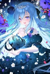 Rule 34 | 1girl, :d, bare shoulders, black bow, blue hair, bow, breasts, cleavage, crown, dress, emori miku, flower, hair between eyes, hair bow, hair ornament, highres, jewelry, large breasts, liver city, looking at viewer, mini crown, nail polish, necklace, open mouth, petals, purple eyes, red nails, rose, smile, solo, straight hair, upper body, yoruhoshi owl
