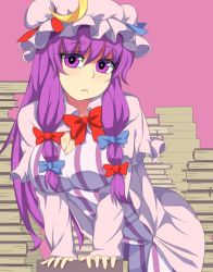 Rule 34 | 1girl, ashu, book, bow, crescent, crescent hair ornament, hair bow, hair ornament, hat, long hair, purple background, purple eyes, purple hair, solo, touhou