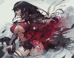 Rule 34 | 1girl, bandaged arm, bandages, belt, black belt, black choker, black hair, breasts, choker, claws, cleavage, commentary, english commentary, hair between eyes, highres, large breasts, long hair, revealing clothes, shorts, solo, standing, tales of (series), tales of berseria, thighs, torn clothes, torn legwear, torn shorts, tunamayo (dsasd751), velvet crowe, very long hair, yellow eyes