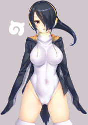 Rule 34 | 10s, 1girl, arms at sides, black gloves, black hair, black hoodie, black jacket, blush, breasts, brown eyes, brown hair, cameltoe, clitoris, covered erect nipples, covered navel, cowboy shot, drawstring, emperor penguin (kemono friends), erect clitoris, eyelashes, female focus, gloves, gluteal fold, grey background, groin, hair over one eye, headphones, highleg, highleg leotard, highres, hood, hood down, hooded jacket, hoodie, jacket, japari symbol, kanata (kanata onion), kemono friends, large breasts, legs apart, leotard, long hair, long sleeves, looking at viewer, multicolored hair, one eye covered, open clothes, open jacket, open mouth, orange hair, simple background, skin tight, skindentation, solo, standing, thighhighs, triangle mouth, turtleneck, two-tone hair, very long hair, white leotard, white thighhighs