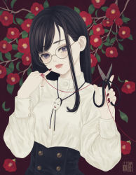 Rule 34 | 1girl, absurdres, black hair, black skirt, blouse, bolo tie, buttons, camellia, collared shirt, commentary, finger to mouth, flower, glasses, hands up, high-waist skirt, highres, holding, holding scissors, long hair, long sleeves, looking at viewer, medibang paint (medium), meme attire, nail polish, noh mask, original, purple eyes, red background, red flower, red nails, round eyewear, scissors, seal impression, shirt, skirt, solo, string, string of fate, swept bangs, tongue, tongue out, underbust, upper body, ushiyama ame, virgin killer outfit, white shirt