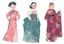 Rule 34 | 3girls, absurdres, black hair, blue eyes, braid, braided bun, brown hair, chinese clothes, commentary, dalachi (headdress), dress, earrings, eyelashes, eyeshadow, facing viewer, flat chest, floral print, flower, furisode, hair bun, hair flower, hair ornament, hair stick, hanbok, hand fan, hands up, highres, holding, holding fan, japanese clothes, jewelry, kimono, korean clothes, layered sleeves, lipstick, long sleeves, looking at viewer, makeup, multiple girls, orange eyes, original, parted bangs, pink dress, print dress, print kimono, red kimono, sandals, simple background, single hair bun, skirt hold, smile, socks, standing, sue kim, swept bangs, symbol-only commentary, tabi, tassel, toggles, tuanshan, updo, white background, white socks, zouri