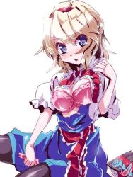 Rule 34 | 1girl, alice margatroid, blonde hair, blue eyes, blush, book, bra, breasts, cleavage, grimoire, hairband, large breasts, looking at viewer, miuku (marine sapphire), open clothes, open mouth, pantyhose, pink bra, short hair, simple background, sitting, solo, touhou, twitter username, underwear
