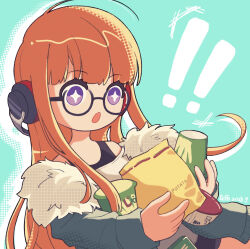 Rule 34 | !, !!, 1girl, :o, ahoge, aqua background, behind-the-head headphones, chips (food), cup ramen, dated, food, frost x (46282847), fur-trimmed jacket, fur trim, glasses, green jacket, headphones, highres, holding, holding food, holding snack, jacket, long hair, looking at food, no nose, open mouth, orange hair, persona, persona 5, potato chips, purple eyes, sakura futaba, snack, solo, sparkling eyes, very long hair