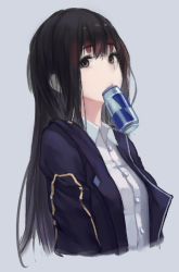 Rule 34 | 1girl, arms at sides, black hair, black jacket, blazer, brown eyes, can, collared shirt, dress shirt, grey background, hair between eyes, hoshino arika, jacket, long hair, looking at viewer, mouth hold, open clothes, open jacket, original, playerunknown&#039;s battlegrounds, school uniform, shirt, simple background, solo, very long hair, white shirt