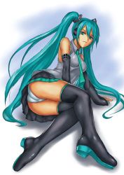 Rule 34 | 1girl, aqua eyes, aqua hair, ass, boots, breasts, detached sleeves, female focus, full body, gradient background, hatsune miku, kai (5963), long hair, necktie, panties, skirt, solo, thigh boots, thighhighs, twintails, underwear, very long hair, vocaloid, white background