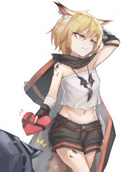 Rule 34 | 1girl, 1other, absurdres, animal ears, arknights, arm up, ashitaka (ask), bare shoulders, black gloves, black shorts, blonde hair, brown eyes, commentary, cowboy shot, crop top, doctor (arknights), fox ears, fox tail, gloves, hair between eyes, head tilt, heart, highres, holding, holding heart, jewelry, material growth, midriff, navel, notched ear, oripathy lesion (arknights), pendant, short hair, shorts, simple background, standing, stomach, strapless, tail, tube top, vermeil (arknights), wavy mouth, white background