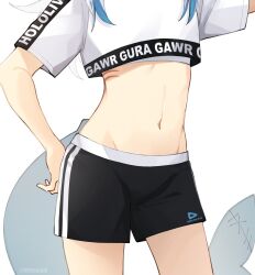 Rule 34 | 1girl, black shorts, blue hair, character name, clothes writing, commentary, copyright name, crop top, crop top overhang, english commentary, female focus, fins, fish tail, gawr gura, gills, head out of frame, highres, hololive, hololive dance practice uniform, hololive english, long hair, midriff, mittsu, multicolored hair, navel, navel focus, official alternate costume, shark girl, shark tail, shirt, shirt overhang, short sleeves, shorts, simple background, solo, stomach, streaked hair, tail, virtual youtuber, white background, white hair, white shirt