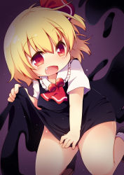 Rule 34 | 1girl, ascot, black skirt, black vest, blonde hair, clothes lift, commentary request, darkness, fang, hair ribbon, highres, matatabi (nigatsu), medium hair, open mouth, purple background, red ascot, red eyes, red ribbon, ribbon, rumia, shirt, short sleeves, skirt, skirt lift, smile, solo, split mouth, touhou, vest, white legwear, white shirt