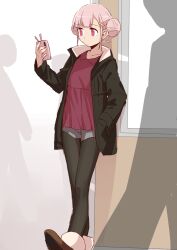 1girl black_jacket black_pantyhose cellphone commentary_request expressionless hair_ornament hairclip holding holding_phone jacket open_clothes open_jacket original ougasaki_omi_(unomiki) pantyhose phone pink_eyes pink_hair sketch smartphone solo standing standing_on_one_leg unomiki