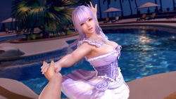 Rule 34 | 1girl, 3d, armpits, breasts, cleavage, dancing, dead or alive, dead or alive xtreme venus vacation, fiona (doa), highres, large breasts, light purple hair, long hair, looking at viewer, male hand, medium breasts, night, no bra, official art, official wallpaper, outdoors, outstretched arms, parted lips, pool, poolside, pov, purple eyes, purple hair, skirt, sky, sleeveless, standing, tagme, tecmo, tree, underbust, wallpaper