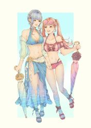 Rule 34 | 2girls, alternate costume, bare shoulders, bikini, blue bikini, blue hair, blue nails, braid, breasts, brown eyes, choker, cleavage, collarbone, commentary, eyewear on head, feet, female focus, fire emblem, fire emblem: three houses, full body, hair bun, highres, hilda valentine goneril, holding, holding hands, holding umbrella, long hair, looking at another, marianne von edmund, matching hair/eyes, medium breasts, mgmg g zzz, midriff, multiple girls, nail polish, navel, nintendo, off-shoulder bikini, off shoulder, open mouth, partially submerged, pink bikini, pink eyes, pink hair, pink nails, sandals, single hair bun, smile, standing, sunglasses, sunglasses on head, swimsuit, symbol-only commentary, teeth, toenail polish, toenails, toes, tongue, twintails, umbrella, water, yuri