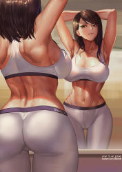 Rule 34 | 1girl, armpits, arms behind head, arms up, ass, bike shorts, black hair, borrowed character, breasts, brown hair, cleavage, crop top, elleciel.eud, highres, large breasts, leggings, mirror, mole, mole under eye, navel, original, reflection, skin tight, smile, sports bra, sweat, tank top, thigh gap, thighs, wet