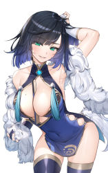 Rule 34 | 1girl, absurdres, alternate costume, arm up, armpits, between breasts, black hair, blue hair, blue nails, blue thighhighs, breasts, bridal gauntlets, china dress, chinese clothes, cleavage cutout, clothing cutout, covered navel, diagonal bangs, dice, dress, feather boa, folding fan, genshin impact, gold trim, gradient hair, green eyes, hand fan, hand in own hair, highres, large breasts, looking at viewer, mole, mole on breast, multicolored hair, nail polish, piyo (pixiv 2308057), short dress, short hair, simple background, smile, solo, tassel, teeth, thighhighs, thighs, vision (genshin impact), white background, yelan (genshin impact)