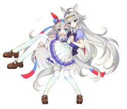 Rule 34 | 2girls, ahoge, animal ears, blue eyes, blush, bow, bowtie, brown footwear, carrying, didi (whaqlrpwjd), fang, full body, grey hair, hair ornament, hairband, hand on another&#039;s shoulder, headband, horse ears, horse girl, horse tail, long hair, looking at viewer, multiple girls, notice lines, oguri cap (umamusume), open mouth, princess carry, purple shirt, sailor collar, school uniform, shirt, shoes, short sleeves, simple background, skirt, smile, standing, tail, tamamo cross (umamusume), thighhighs, tracen school uniform, umamusume, v-shaped eyebrows, white background, white skirt, white thighhighs