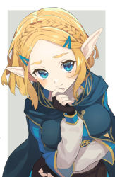 Rule 34 | 1girl, black gloves, blonde hair, blue eyes, blue shirt, blush, border, braid, breasts, closed mouth, crown braid, fingerless gloves, forehead, from above, gloves, grey background, hair ornament, hairclip, hand on own arm, hand on own chin, kimitoshiin, long sleeves, looking at viewer, looking up, medium breasts, nintendo, outside border, parted bangs, pointy ears, princess zelda, shirt, short hair, sidelocks, simple background, smile, solo, the legend of zelda, the legend of zelda: breath of the wild, the legend of zelda: tears of the kingdom, triforce, upper body, white border