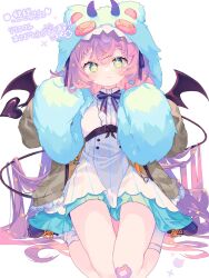 Rule 34 | + +, 1girl, bandaid, bandaid on knee, bandaid on leg, black footwear, blush, bow, bowtie, braid, closed mouth, commission, demon horns, demon tail, demon wings, dress, frills, full body, green eyes, hair between eyes, hands up, highres, hood, hood up, hooded jacket, horns, jacket, komomo (2899), la peche party, long hair, long sleeves, looking at viewer, open clothes, open jacket, purple hair, ribbon, shirt, shizuki tsumiki, shoes, signature, simple background, sitting, skeb commission, skirt, socks, solo, tail, very long hair, virtual youtuber, wariza, white background, white dress, white shirt, white socks, wings