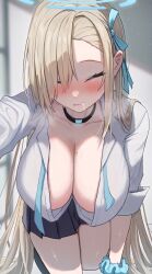 Rule 34 | 1girl, absurdres, after fellatio, asuna (blue archive), black skirt, blonde hair, blue archive, blush, breasts, choker, cleavage, closed eyes, cum, facial, facing viewer, gokkun, hair over one eye, hair ribbon, halo, hetero, highres, icetea774, large breasts, long hair, mole, mole on breast, open clothes, open shirt, ribbon, scrunchie, shirt, skirt, smile, solo, swallowing, swept bangs, symbol-shaped pupils, white shirt, wrist scrunchie