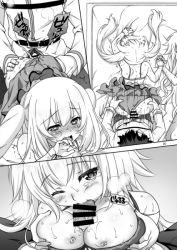 Rule 34 | 1boy, 2girls, bar censor, belt, bikini, bikini skirt, blush, breast hold, breasts, breath, censored, cleavage, clothed sex, comic, crying, cum, fate/grand order, fate (series), fellatio, fujimaru ritsuka (male), greyscale, heart, heart-shaped pupils, holding hands, interlocked fingers, jeanne d&#039;arc (fate), jeanne d&#039;arc (ruler) (fate), jewelry, long hair, long sleeves, looking at viewer, marie antoinette (fate), medium breasts, monochrome, mori marimo, multiple girls, necklace, nipples, nose blush, one eye closed, open mouth, oral, paizuri, pearl necklace, penis, sex, sex from behind, shirt, steam, sweatdrop, swimsuit, symbol-shaped pupils, tears, trembling, twintails, wet