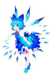 Rule 34 | 1girl, blue bow, blue eyes, blue hair, blush, bow, breasts, chestnut mouth, cirno, collared shirt, covered navel, danmaku, dress, hair between eyes, hair bow, highres, ice, ice wings, looking at viewer, mary janes, pinafore dress, puffy short sleeves, puffy sleeves, red neckwear, red ribbon, ribbon, shirt, shoes, short hair, short sleeves, simple background, sleeveless dress, small breasts, solo, touhou, white background, white shirt, wings, yuujin (yuzinn333)