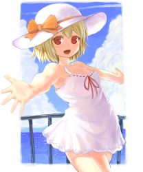 Rule 34 | 1girl, :d, alternate costume, alternate headwear, blonde hair, blue sky, cloud, cowboy shot, day, dress, fangs, hat, hat ribbon, highres, looking at viewer, ocean, omaesan (camp-192), open mouth, outstretched arms, railing, red eyes, ribbon, rumia, short dress, short hair, sky, sleeveless, smile, solo, spread arms, sun hat, sundress, touhou, white dress