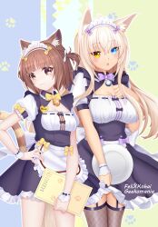 Rule 34 | 2girls, :3, absurdres, animal ear fluff, animal ears, apron, azuki (nekopara), bell, black dress, blonde hair, blue background, blue eyes, blunt bangs, blush, bow, bowtie, breasts, brown eyes, brown hair, cat ears, cat girl, cat tail, character name, chestnut mouth, cleavage, cleavage cutout, closed mouth, clothing cutout, coconut (nekopara), colored eyelashes, commentary, cowboy shot, dark-skinned female, dark skin, dress, dress bow, eyes visible through hair, felixkohai, fishnet thighhighs, fishnets, floating hair, frilled dress, frills, garter straps, hair between eyes, hair bow, hair over one eye, hand on own chest, hand on own hip, hand up, heart-shaped ornament, heterochromia, highres, holding, holding menu, holding tray, jingle bell, large breasts, long hair, looking at viewer, maid, maid headdress, menu, multiple girls, neck bell, nekopara, open mouth, paw print, puffy short sleeves, puffy sleeves, purple bow, purple bowtie, raised eyebrow, short hair, short sleeves, side-by-side, sidelocks, simple background, slit pupils, small breasts, smile, striped tail, tail, tail raised, thighhighs, tray, tsurime, two-tone background, two side up, very long hair, waist apron, waitress, white apron, white wrist cuffs, wrist cuffs, yellow background, yellow bow, yellow bowtie, yellow eyes